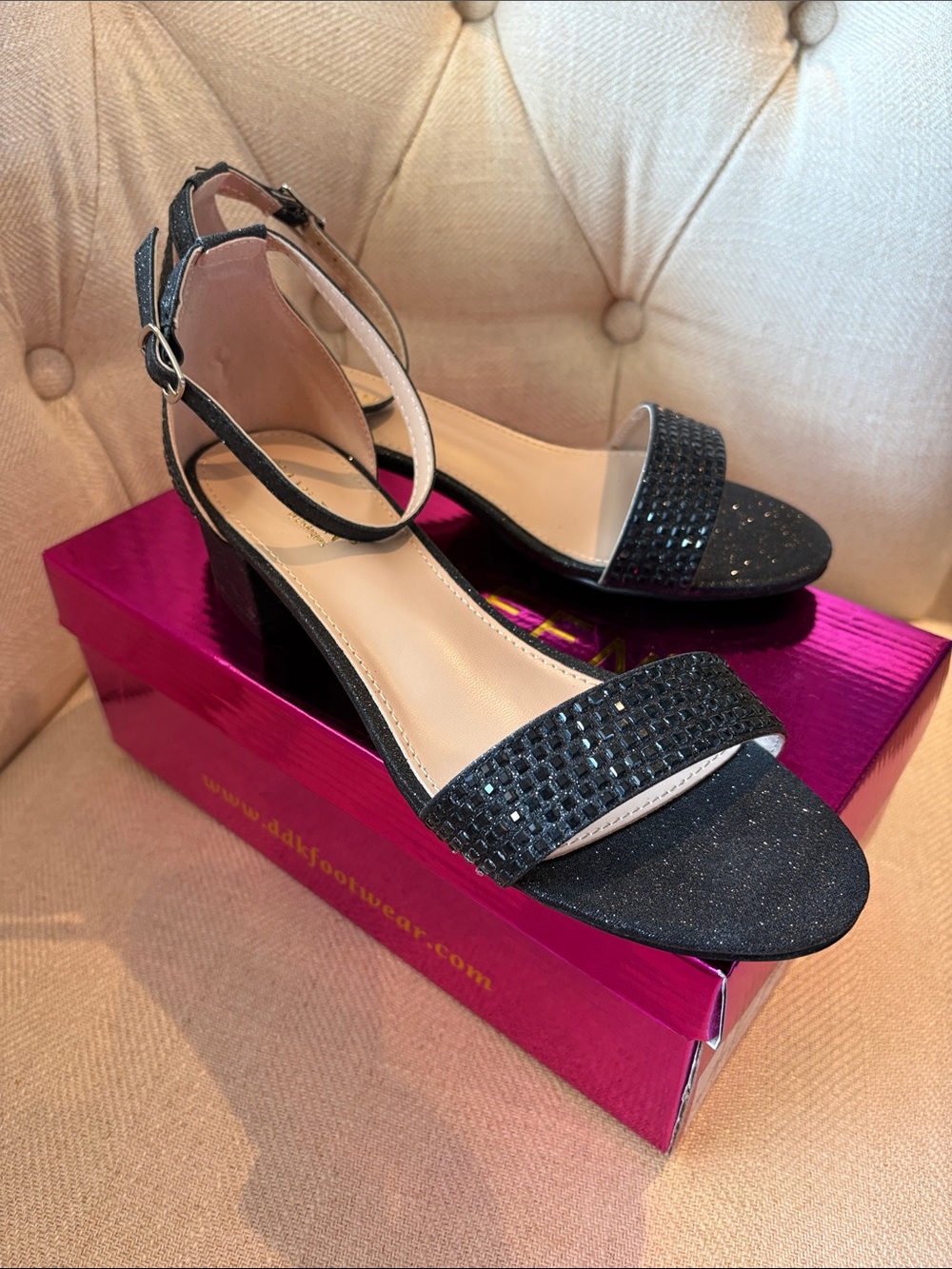 KAYLEEN By Los Angeles Black Sparkle Block Heel Ankle-Strap Sandals